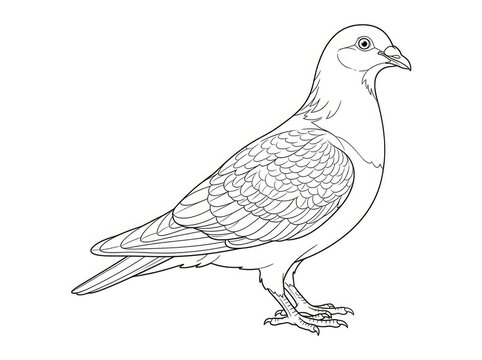 A pigeon stands on a white background. The bird is depicted in a detailed black and white line drawing.