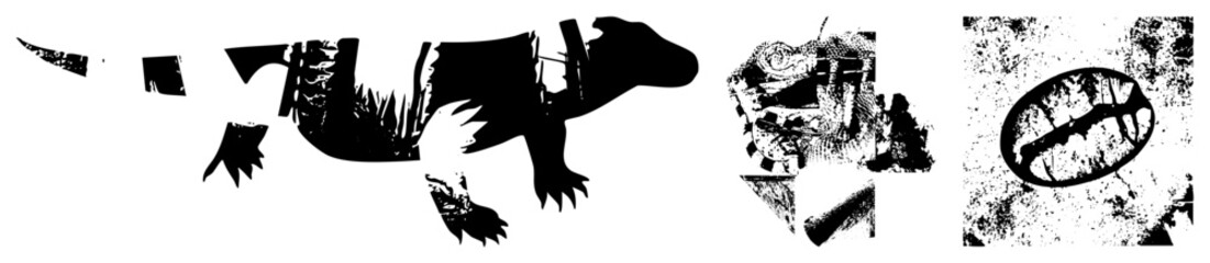 Obraz premium Raw and textured lizard, or perhaps a prehistoric saurian, rendered in a heavy distressed stencil style. This ancient features fragmented shapes and high contrast ink splatters.