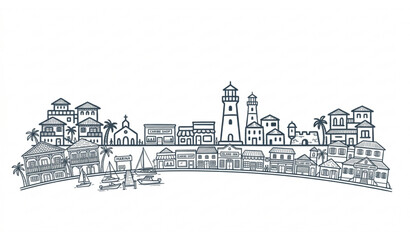 Obraz premium Caribbean coastal town skyline line art illustration. Tropical island seaside village with lighthouse, marina, shops, houses, and palm trees vector panorama.