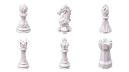 Contemporary white 3D rendered chess pieces, including pawn, knight, bishop, queen, king, and rook. © AbdulWaheed
