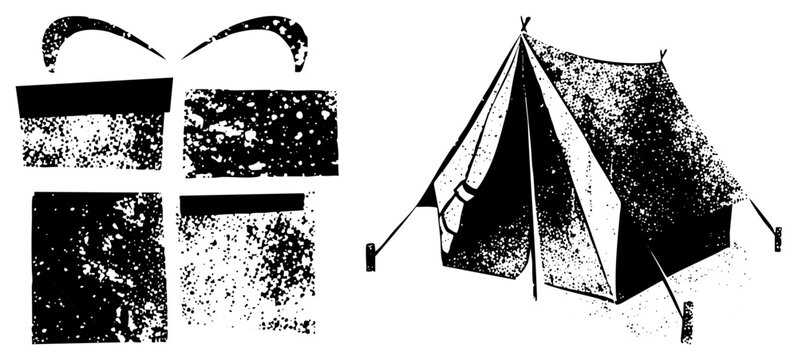 This rough textured duo features a wrapped present and a small bivvy, providing a rugged aesthetic. The distressed gift box and outdoor shelter work perfectly for vintage designs.