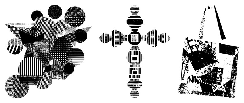 Avant garde visual assets featuring a textured tote bag, a decorative, and geometric forms. These punk inspired motifs use halftone and distressed textures for a high contrast, edgy aes