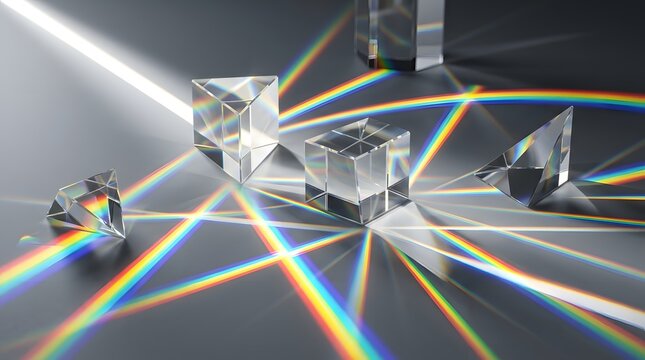 Geometric glass prisms scattering light into rainbow spectrums on a dark surface