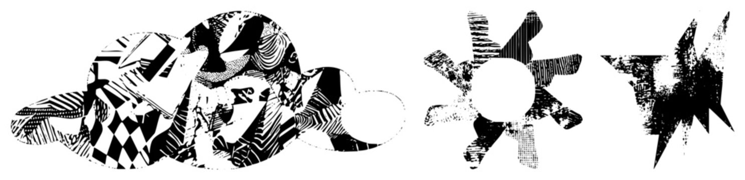 Edgy collage of distorted ink blobs and splattered shapes. This collection features heavy grit and halftone textures, presenting messy blotches and jagged splats in a high contrast style.