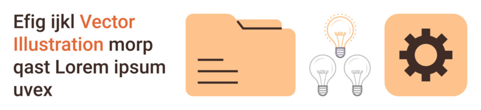 File organization, creative thinking, workflow optimization, tech settings, system tools, innovation. A folder, lightbulbs and a gear symbol are displayed. File management and creative thinking