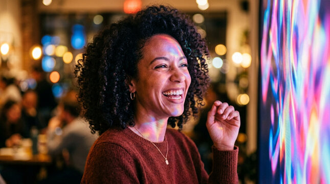 Smiling woman with dark curly hair looking at vibrant light installation in a dim social setting, colorful light patterns reflected on face, wearing brown knit sweater.