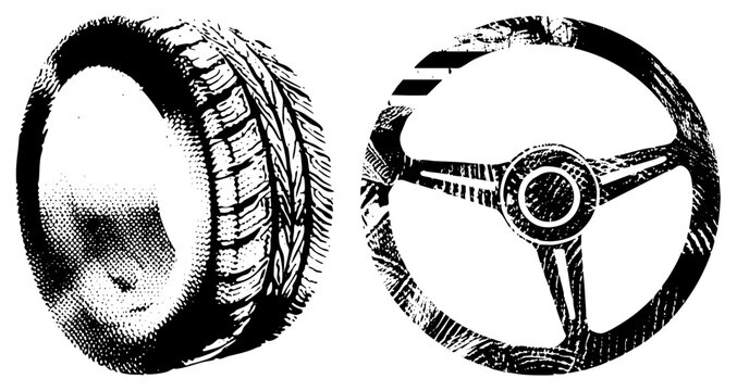 This distressed automotive set features a rubber rubber, a steering wheel, and a drivers wheel in a rugged halftone style. These gritty textures capture the essence of a classic motor machine.