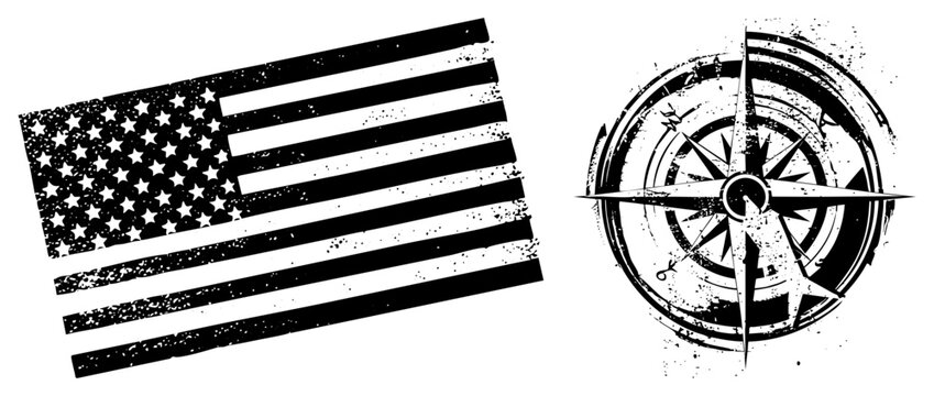 This vintage set features a weathered Old Glory alongside a rugged nautical compass. The gritty texture defines this star spangled banner and maritime navigator tool.