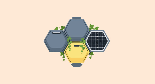 Colorful Hexagonal Modules with Solar Panel and Greenery Icons.