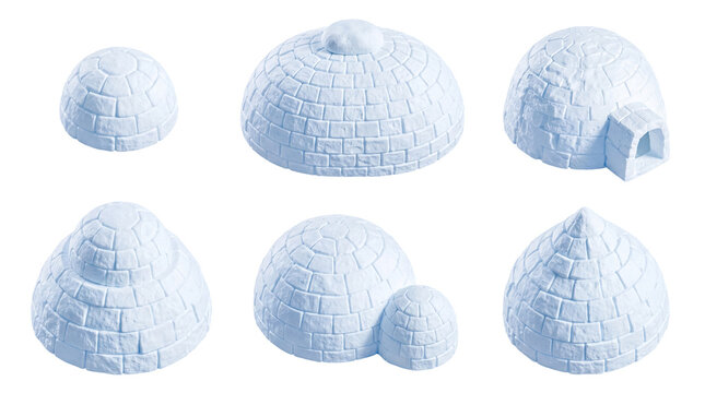 Diverse set of six 3D rendered igloo models with varied tops, isolated on a transparent background.