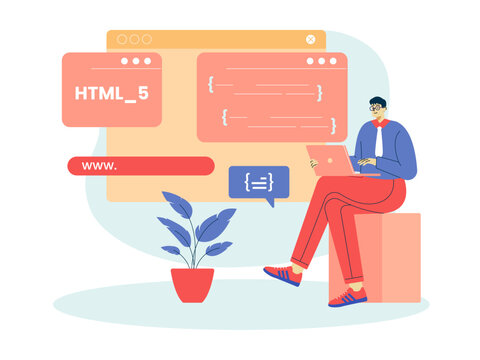 A developer working with HTML5, the standard markup language used to structure and present content on the World Wide Web. Web development illustrations. Flat vector concepts.