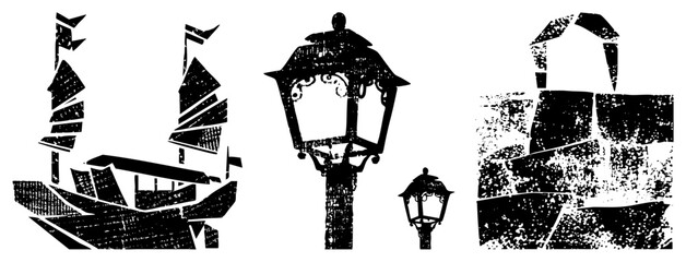 Fototapeta premium Distressed black silhouettes of a majestic tall ship, old fashioned street lanterns, and a weathered stone wall. These gritty maritime junk and gaslight fixtures feature a heavy texture.
