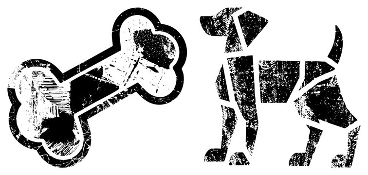 Weathered silhouette featuring a faithful pooch and a chunky marrow bone. This vintage hound and its snack are rendered in a rugged, textured stencil style for a gritty aesthetic.