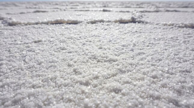 Macro view of granular white salt crystals covering the ground of a dry salt flat, sparkling in intense daylight with a selective focus and textured surface detail.