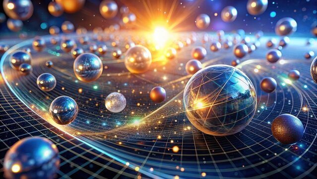 Abstract depiction of the concept of quantum gravity with visual representation of quantum particles and curved spacetime