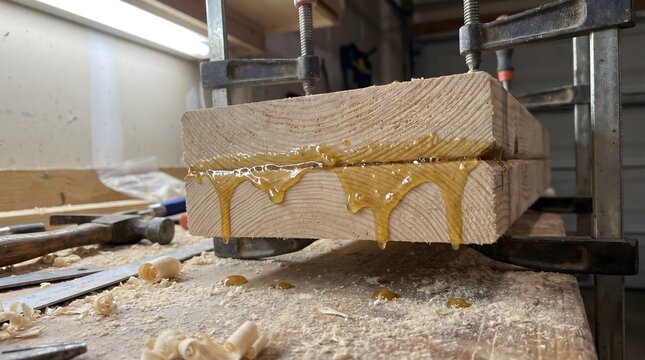 Wood glue squeeze out from joined timber boards clamped together on carpenter workbench in workshop
