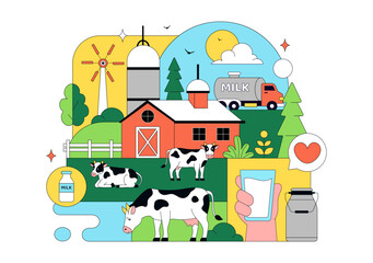 Fototapeta premium Daily Farm Vector Illustration Featuring Dairy Cattle, Fresh Milk Production, Rural Agriculture Landscape and Organic Farming Design