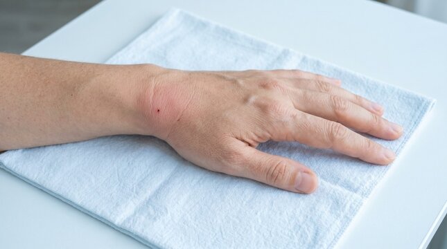 Hand with bee sting swelling resting on a white towel  