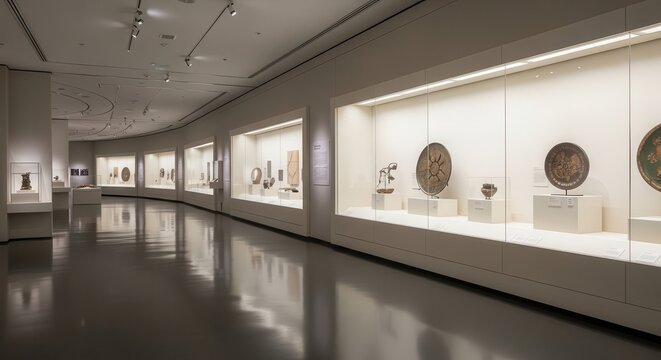 Museum corridor displaying ancient artifacts and historical objects in illuminated glass showcases