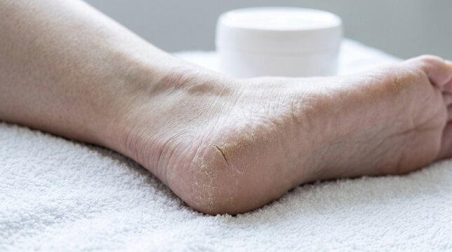 Cracked heel of foot resting on towel beside skincare cream  