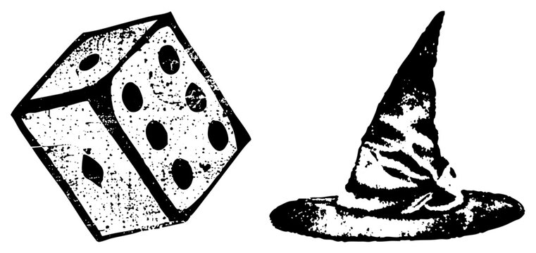 This distressed set features a textured six sided cube, often called a craps die, alongside a classic sorceress headpiece. These dark witch hat and gambling elements use a heavy stencil style.