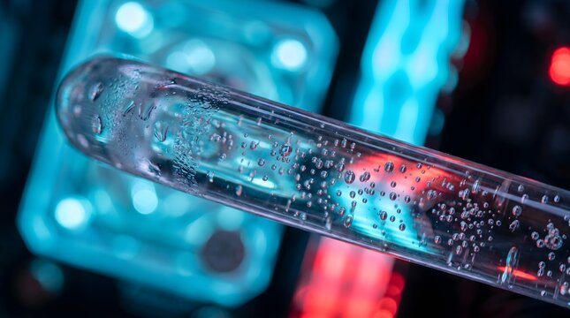 Close up of liquid coolant droplet on premium sleeved cable tube during custom PC water cooling loop installation
