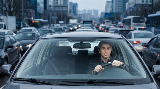 Man sitting in car during traffic jam on urban road  