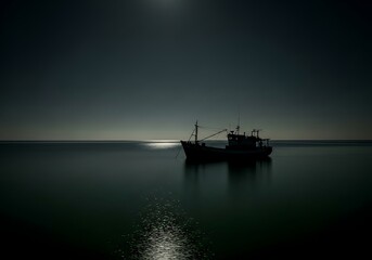 Obraz premium Silhouette of a fishing vessel on calm waters under a dark sky