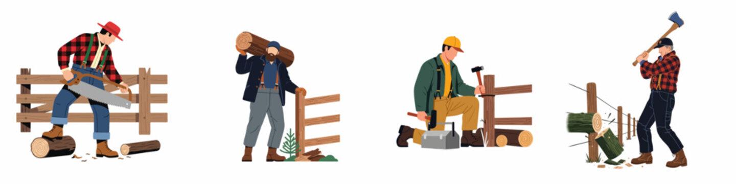 Illustrations of lumberjacks and farm workers performing manual labor tasks like sawing wood, splitting logs, and building fences in a vintage style.