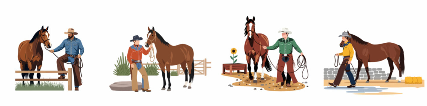 Collection of vector illustrations featuring cowboys and horses in various ranch scenes, showcasing western lifestyle and equestrian activities.