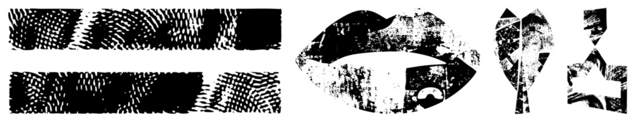 Fototapeta premium This collection features a heavy grain lip kiss, textured rectangular bars, and abstract shapes. These gritty punk style smudges and ink blots provide a raw, stencil like aesthetic for edgy designs.