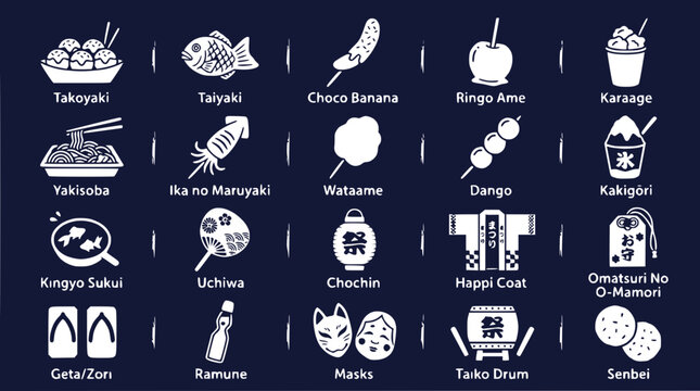 Japanese Festival Food and Items Collection - Flat Icons on Dark Blue Background