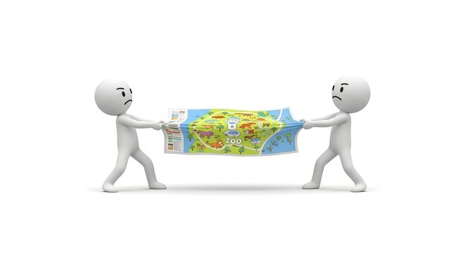 Two figures pulling on a zoo map in disagreement