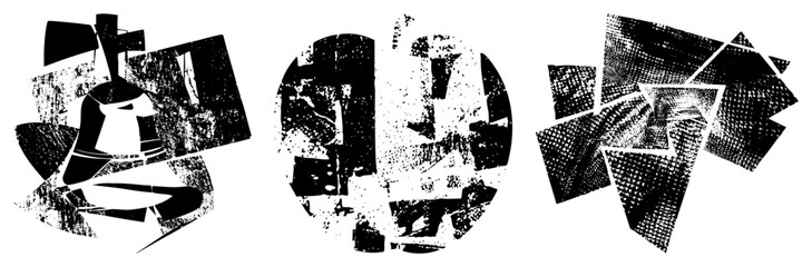 Obraz premium This gritty composition features a bell shaped form alongside fragmented geometric blocks. These distressed textures and halftone create a raw, industrial aesthetic for modern design.