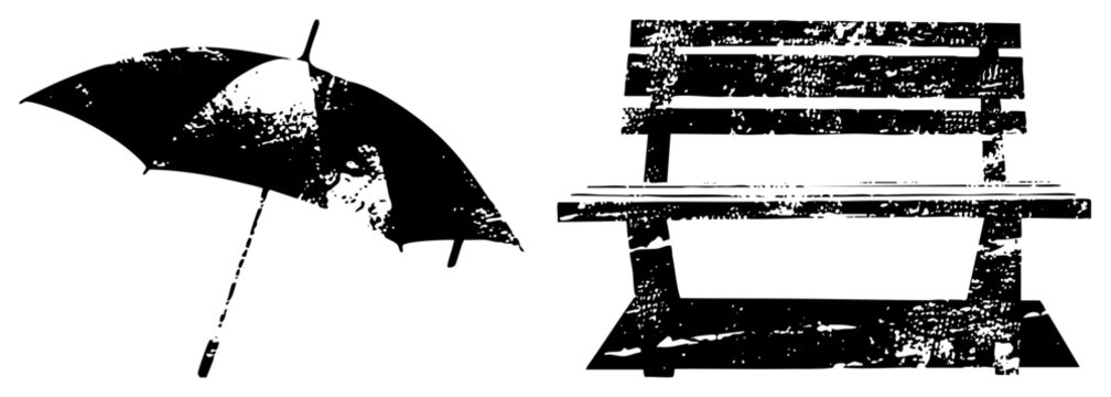 Weathered brolly and a lonely garden seat rendered in a gritty stencil style. This worn out parasol and park bench duo features heavy texture for a vintage, urban look.