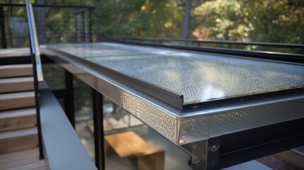 Obraz premium Close-Up View of Modern Architectural Deck Railing with Glass Panel and Natural Surroundings Enhancing Contemporary Outdoor Living Space