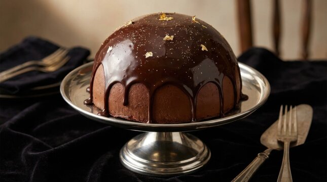 Chocolate dome cake with glossy dark ganache glaze dripping down the sides, topped with edible gold leaf flakes on a silver pedestal stand with dark velvet and vintage cutlery.