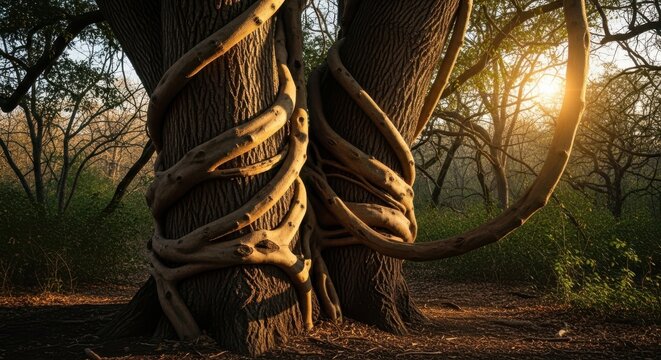 Thick woody vines entwined around ancient forest trees at golden hour