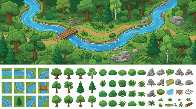 Cartoon forest landscape game assets, modular nature map tiles with river and trees, 2D game environment creator kit with bridge and rocks