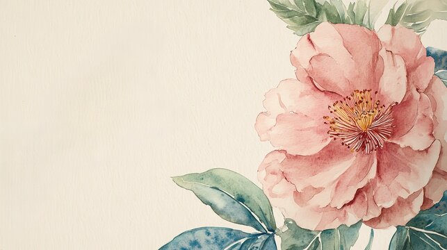 Round watercolor painting brown black bird red cheek patch black crest on branch left large pink flower red center yellow details green leaves textured light beige background