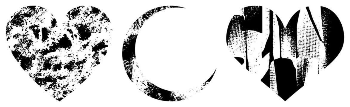 Set of weathered symbols featuring a textured love shape, a lunar, and a second heart. These gritty motifs, including a broken heart and moon sliver, offer a raw aesthetic.
