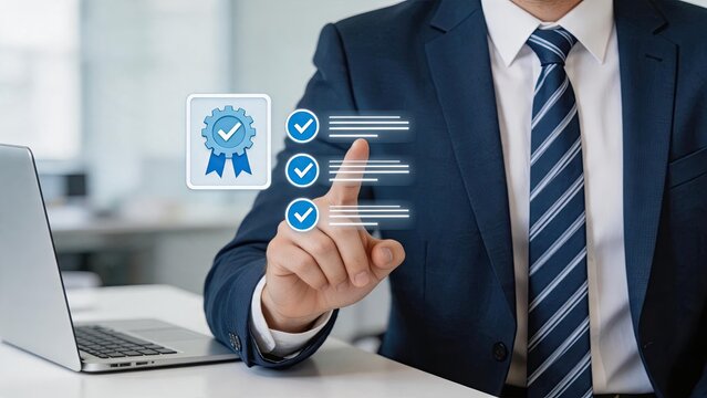 Businessman in suit interacting with virtual checklist and quality certification badge, ensuring compliance, standards, and approval in corporate environment with laptop