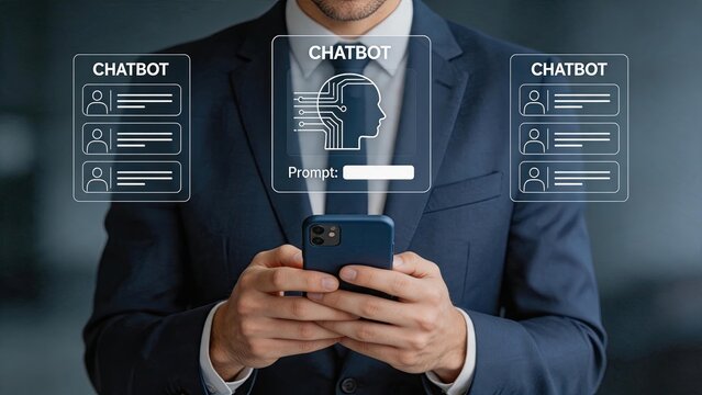 Man in business suit holding smartphone with holographic chatbot interface, multiple conversation windows, prompt input field, concept of automated customer service and virtual