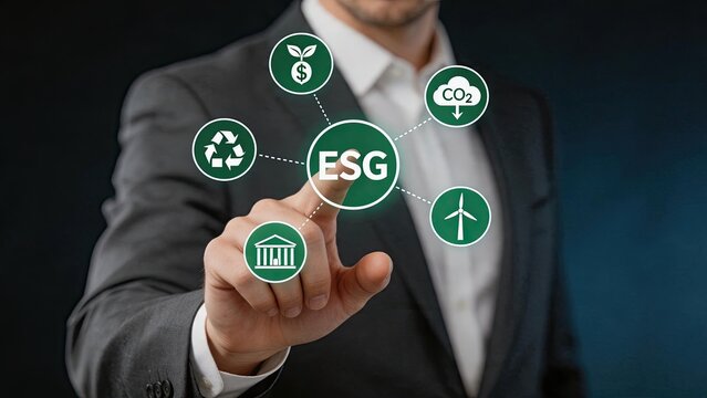 Corporate leader interacting with ESG sustainability icons including recycling symbol, carbon footprint reduction, renewable energy wind turbine, ethical governance building, and