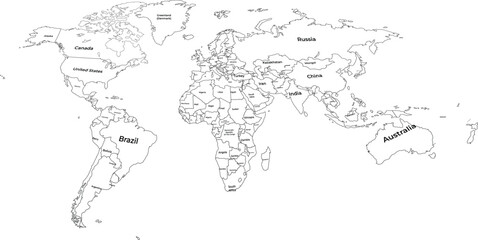 Black and White World Map Outline Vector with Countries Names and Borders © sudais