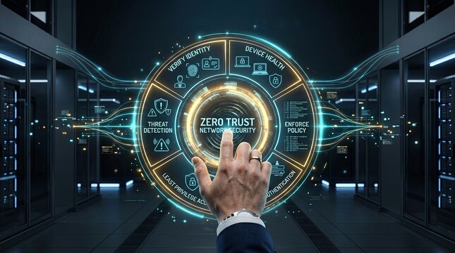 Hand interacting with a digital interface focused on zero trust network security.