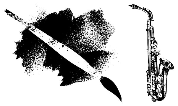 Detailed hand drawn sax or horn paired with a dramatic ink blot. This jazz wind instrument features a gritty stencil aesthetic with a rough brushstroke texture for musical themes.