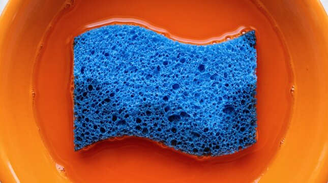 Blue Sponge Soaking in Orange Liquid Inside of a Bowl.