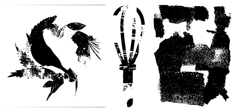 This collection features a distressed bird shape alongside heavy ink splatters and rough stencil patches. Distressed textures and grainy halftone define this raw aesthetic.
