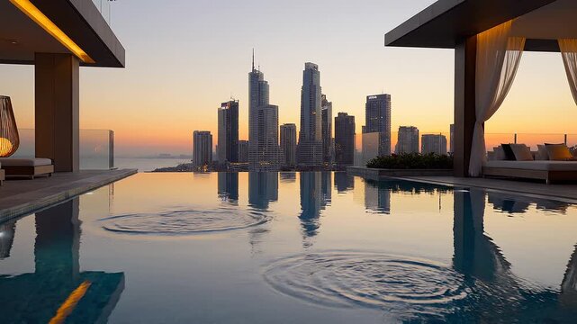 Luxury Rooftop Pool with City Skyline Reflection at Sunset.